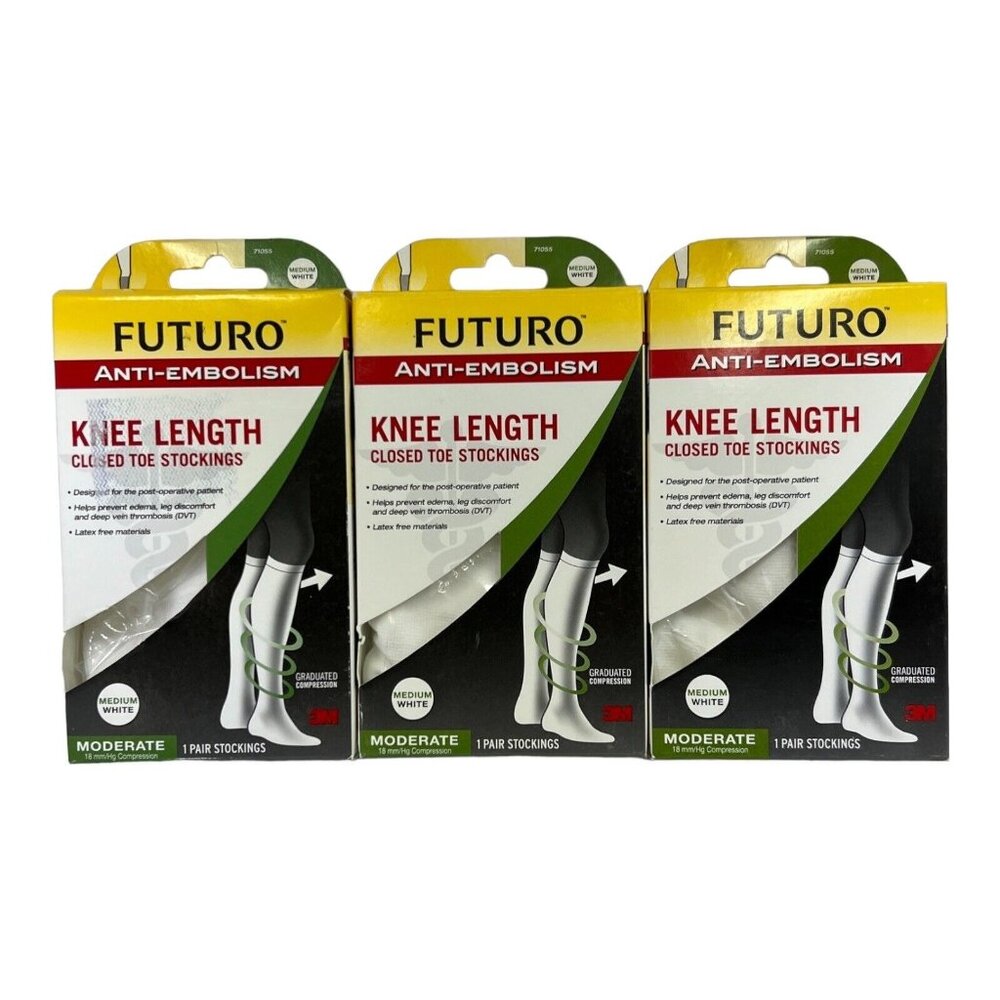 Futuro Stockings Unisex M Anti Embolism Knee Length Closed Toe White 71055‎ 3 PK